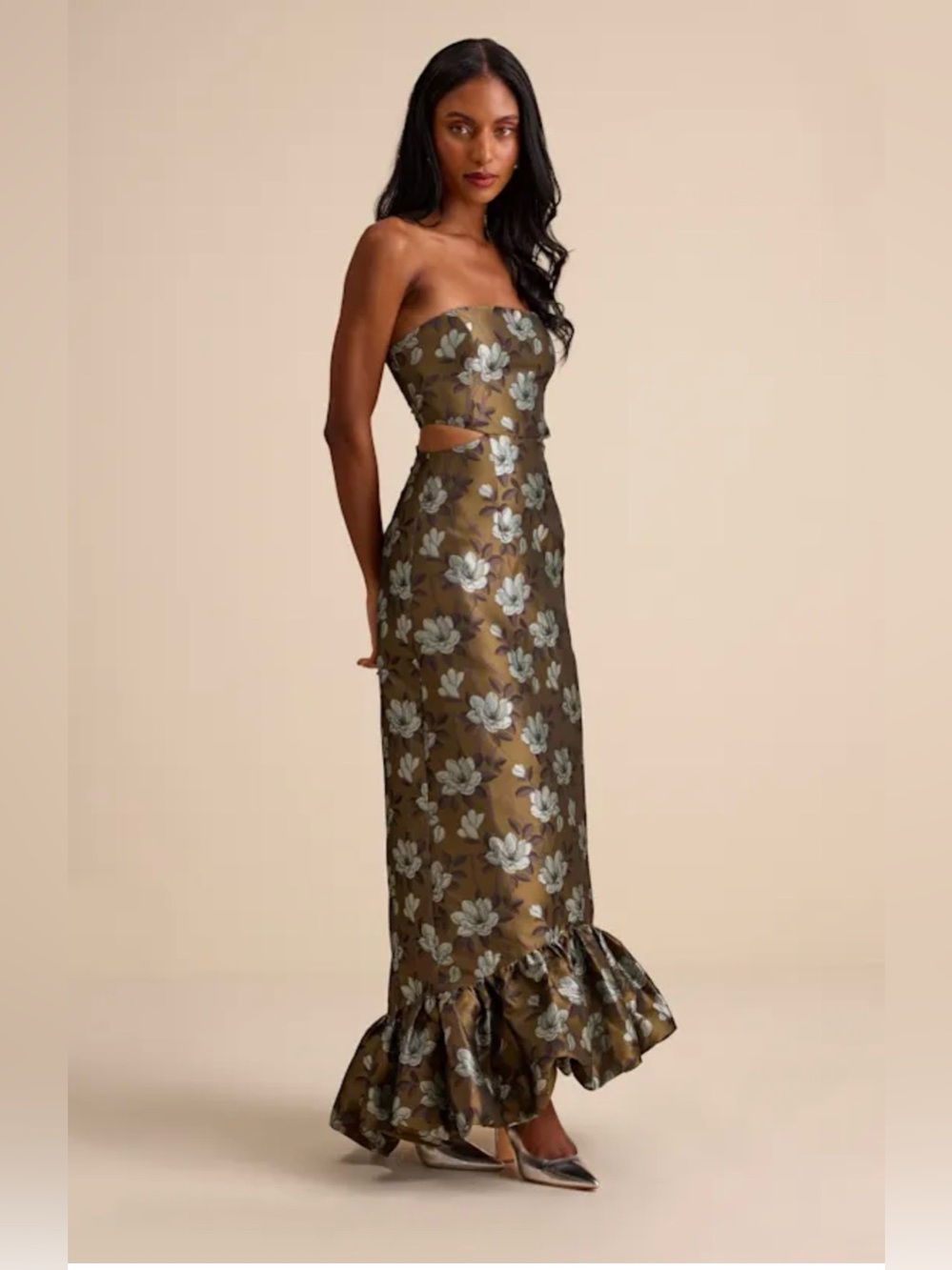Lulu's Nathania Olive Floral Jacquard Strapless Bubble-Hem Maxi Dress